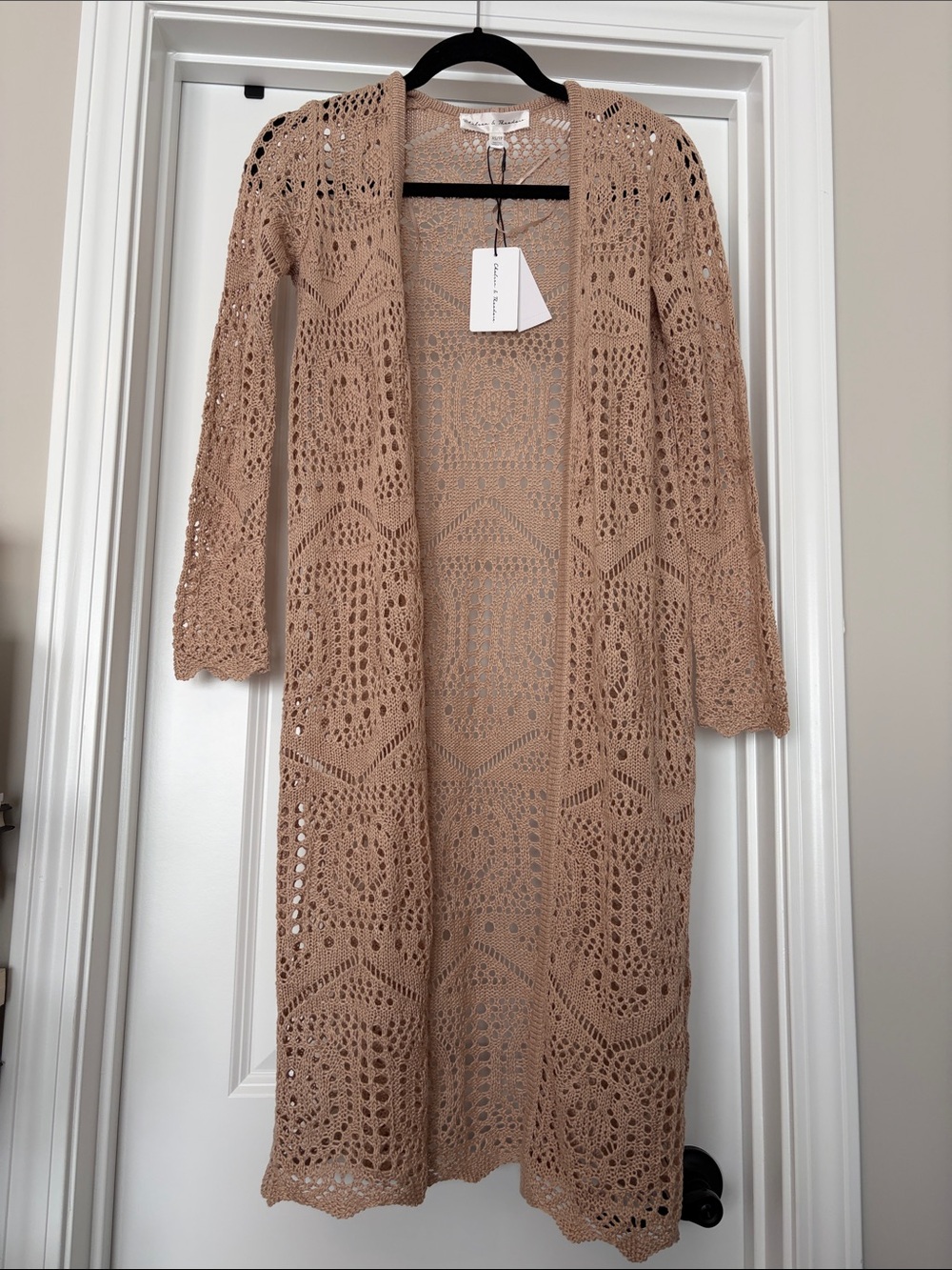 Chelsea & Theodore Crochet Open Long Cardigan in Tan